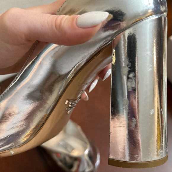 Prada Peep Toe Block Heel Silver Metallic Leather Pump Size 37.5 - Picture 6 of 6
